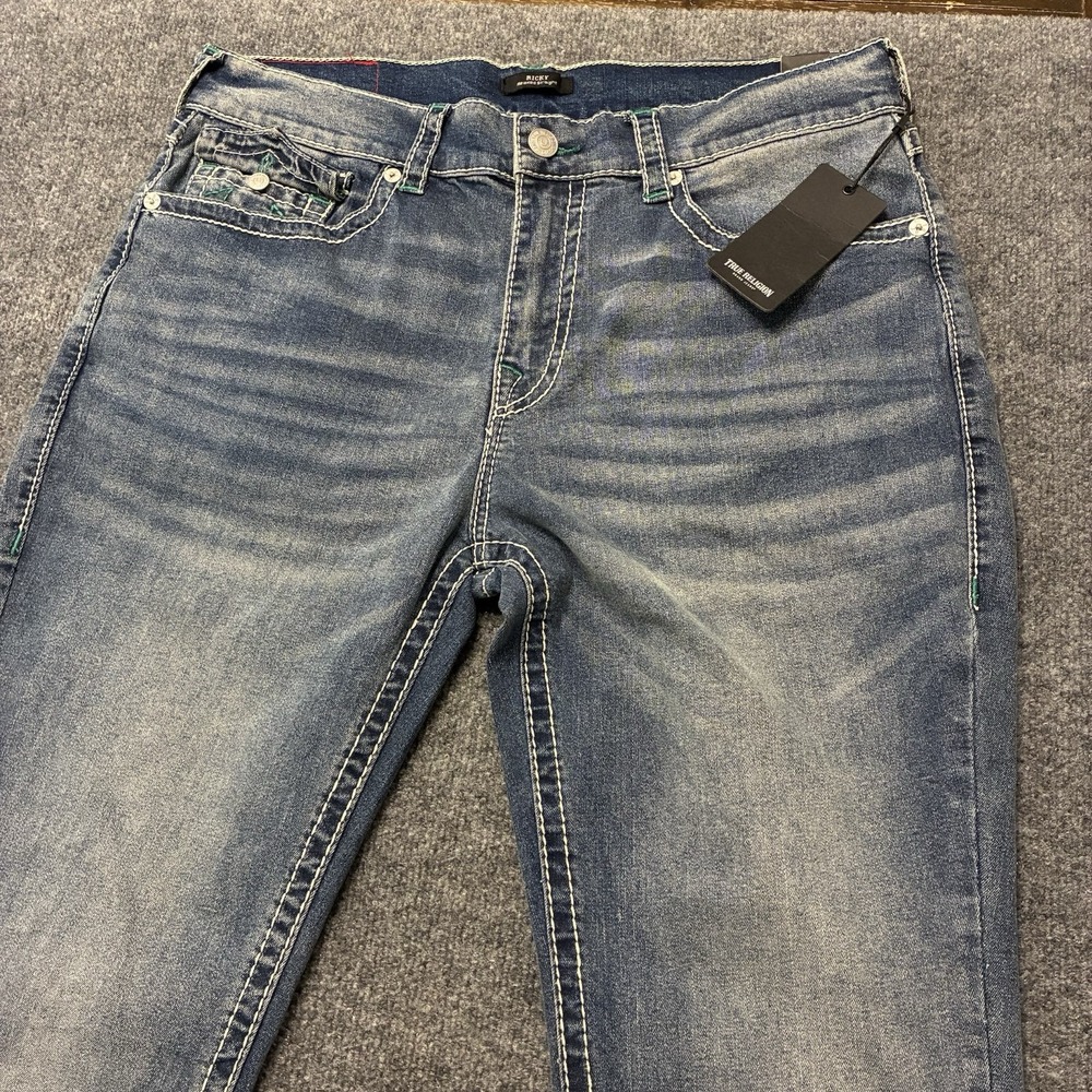 True Religion Big T Flap Faded Straight Leg Jeans Mens 36x32 Thick Stitch Denim